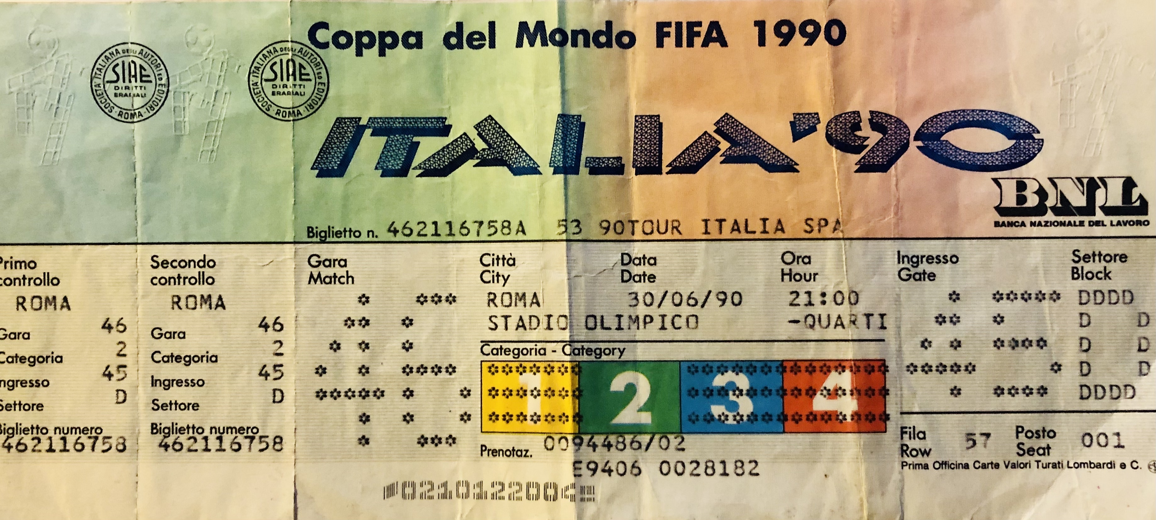 This is one of the unused tickets for the quarter final of Italia '90 that wasn't sold! Worth a fortune then, and possibly still is!